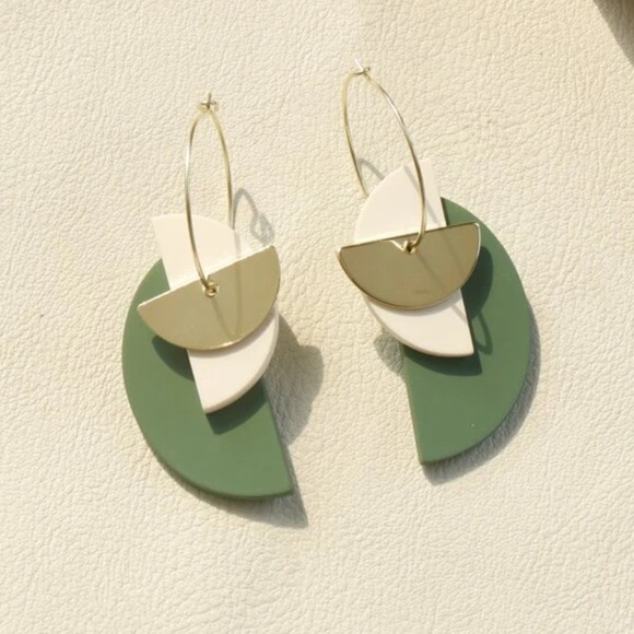 Green White and Gold Clay Half Circle Drop Hoop Earrings - Picture 1 of 3